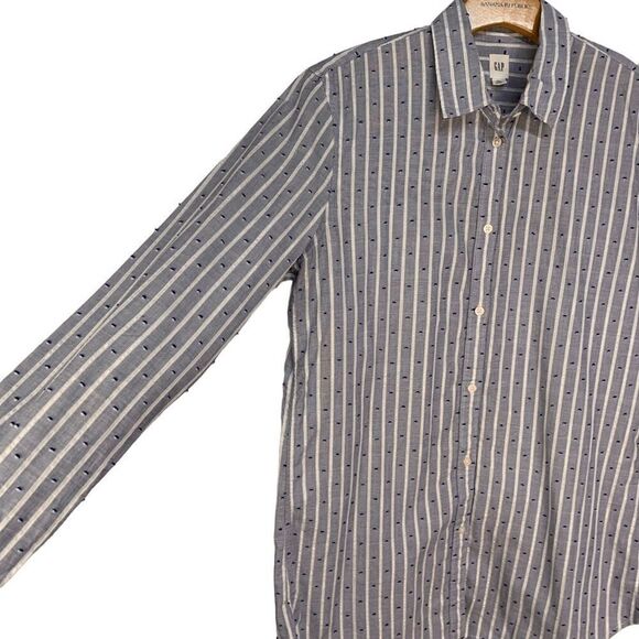 Gap Women's size Medium Tall Blue white silver striped long sleeve button up top - Picture 3 of 13